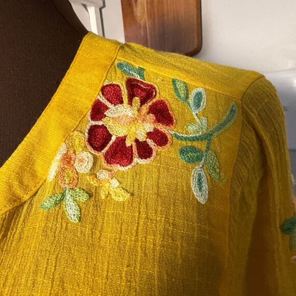 Fig and flower Anthropologie button up gauzy shirt size 2XL yellow embroidered f - Picture 4 of 11